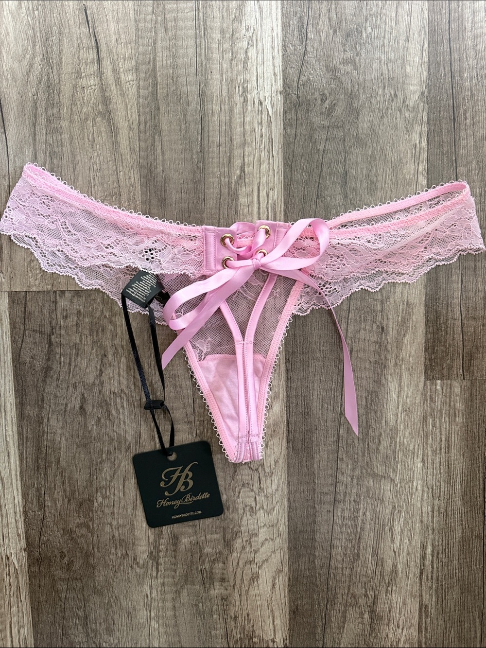 Honey Birdette Rebecca Pink Lace Bikini Briefs with Satin Bow - Picture 4 of 4